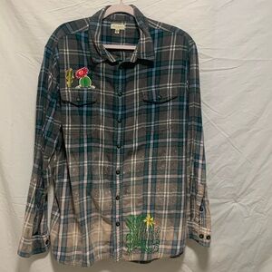 Women’s Sonoma XXL Teal & Gray LS Custom decorated cactus flannel shirt EUC